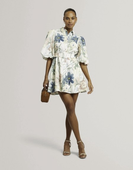 OLLIIV Puff Sleeve Printed Mini Shirt Dress