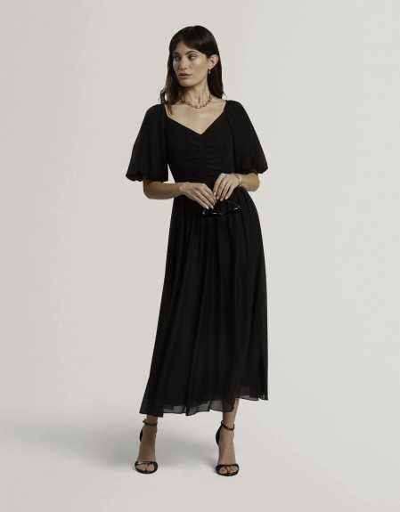 ORLAAH Puff Sleeve Ruched Detail Midi Dress